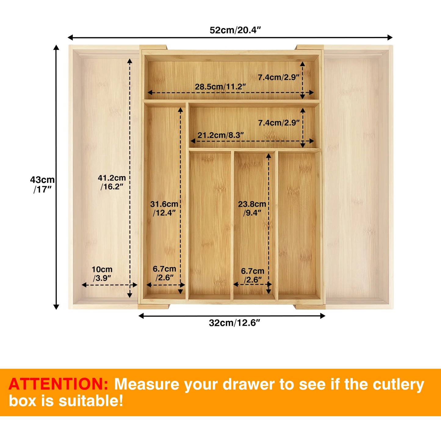 Extendable Bamboo Cutlery Tray Kitchen Drawer Storage Organiser 6-8 Storage Compartments