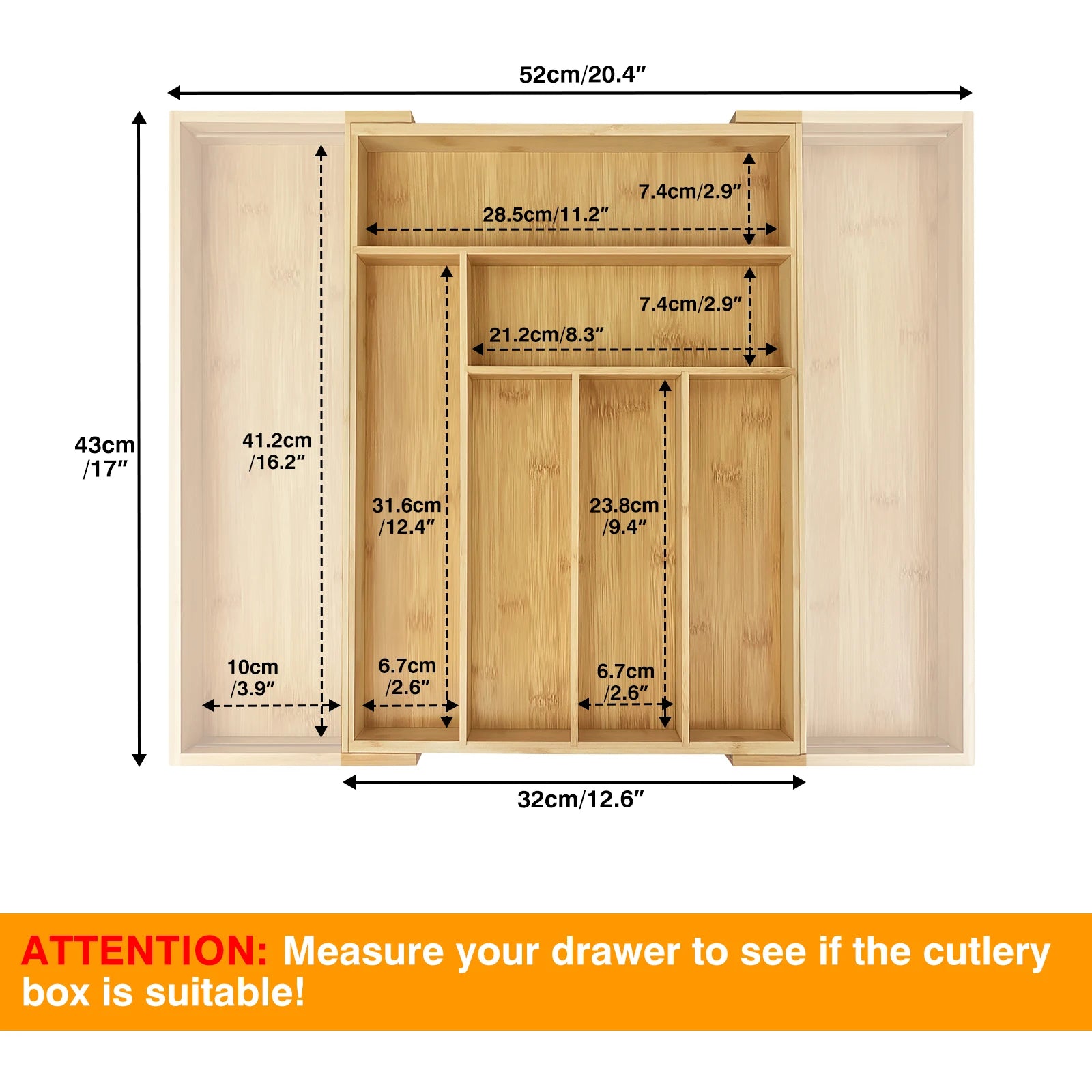 Extendable Bamboo Cutlery Tray Kitchen Drawer Storage Organiser 6-8 Storage Compartments