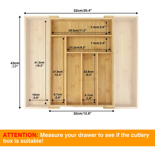 Extendable Bamboo Cutlery Tray Kitchen Drawer Storage Organiser 6-8 Storage Compartments