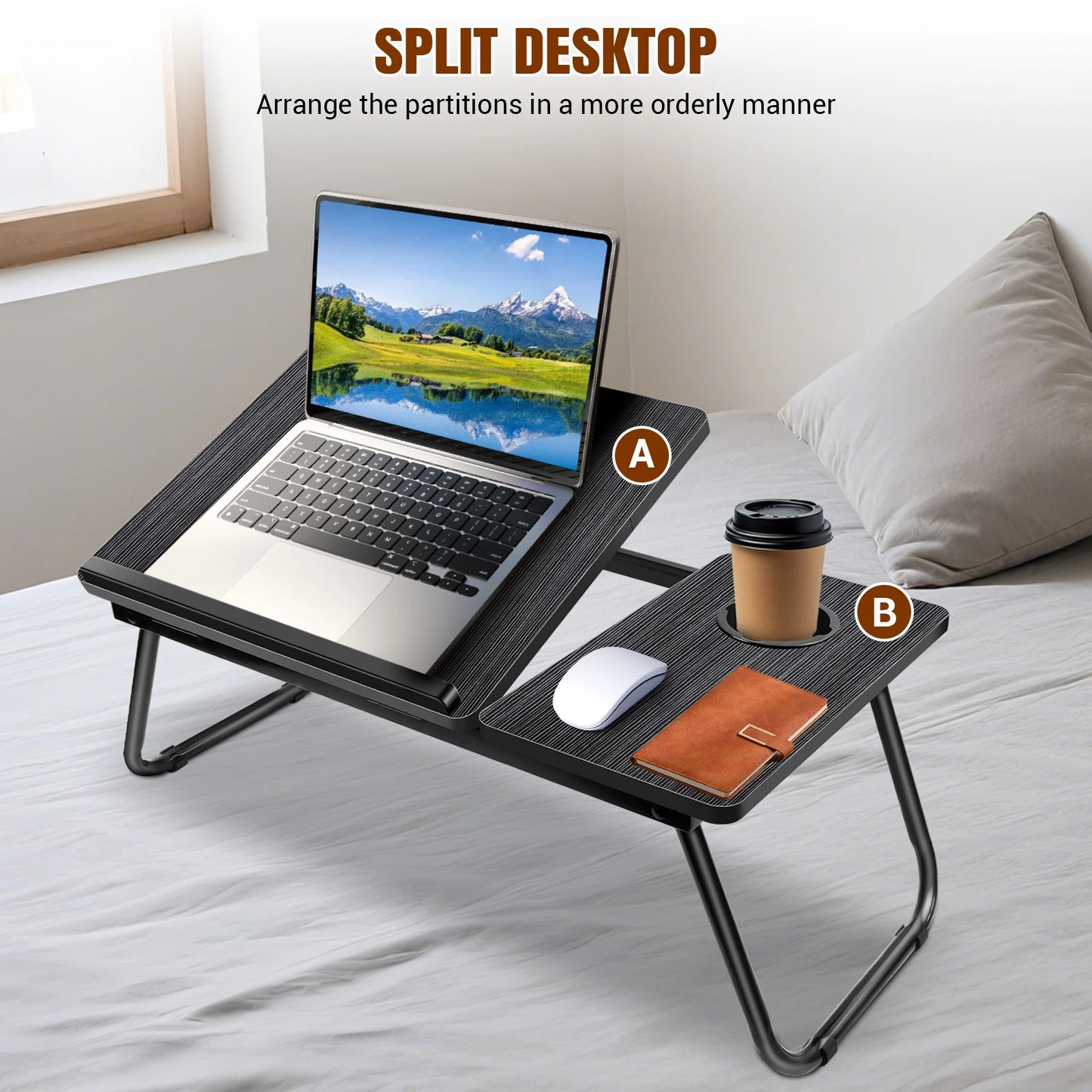 Foldable Laptop Bed Table Desk Notebook Stand With Cup Slot Reading Holder With Adjustable Height Angle Laptop Bed Tray, Black