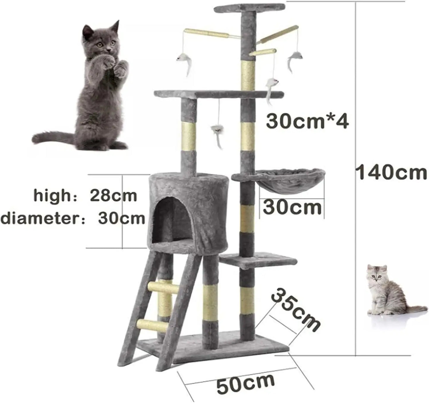140cm Cat Tree Tower Scratching Post For Indoor And Outdoor Cats, Cat Activity Centre Climbing Frame