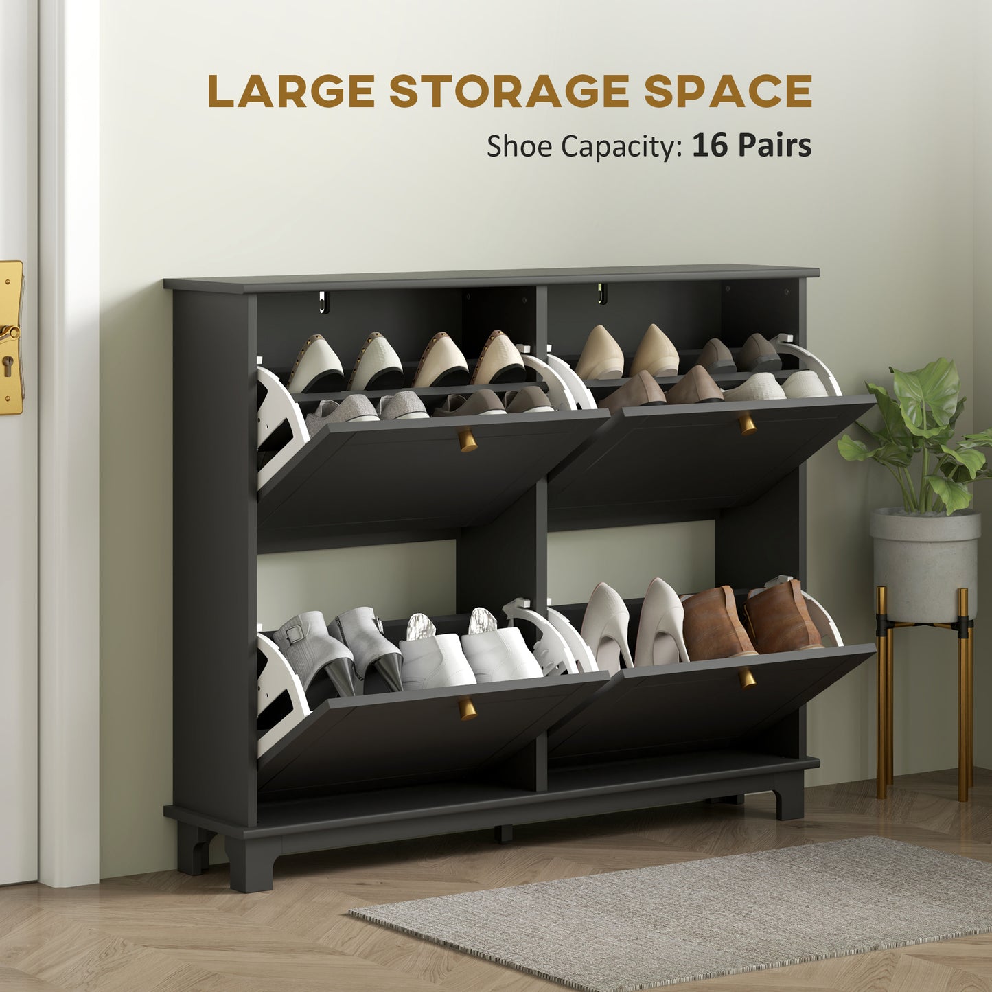 Narrow Shoe Storage Cabinet, Slim Shoe Cabinet with 4 Flip Drawers, Adjustable Shelves for 16 Pairs of Shoes, Black