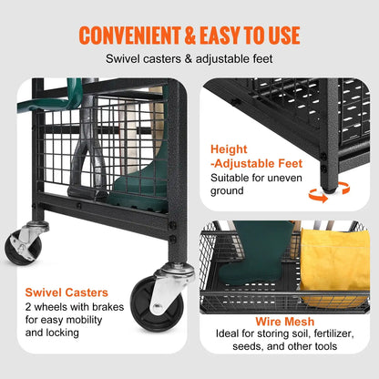 16 Slots Garden Tool Organiser Yard Tool Tower Rack With Hooks On Wheels Long-Handled Rake Stand Holder For Garage Shed Storage