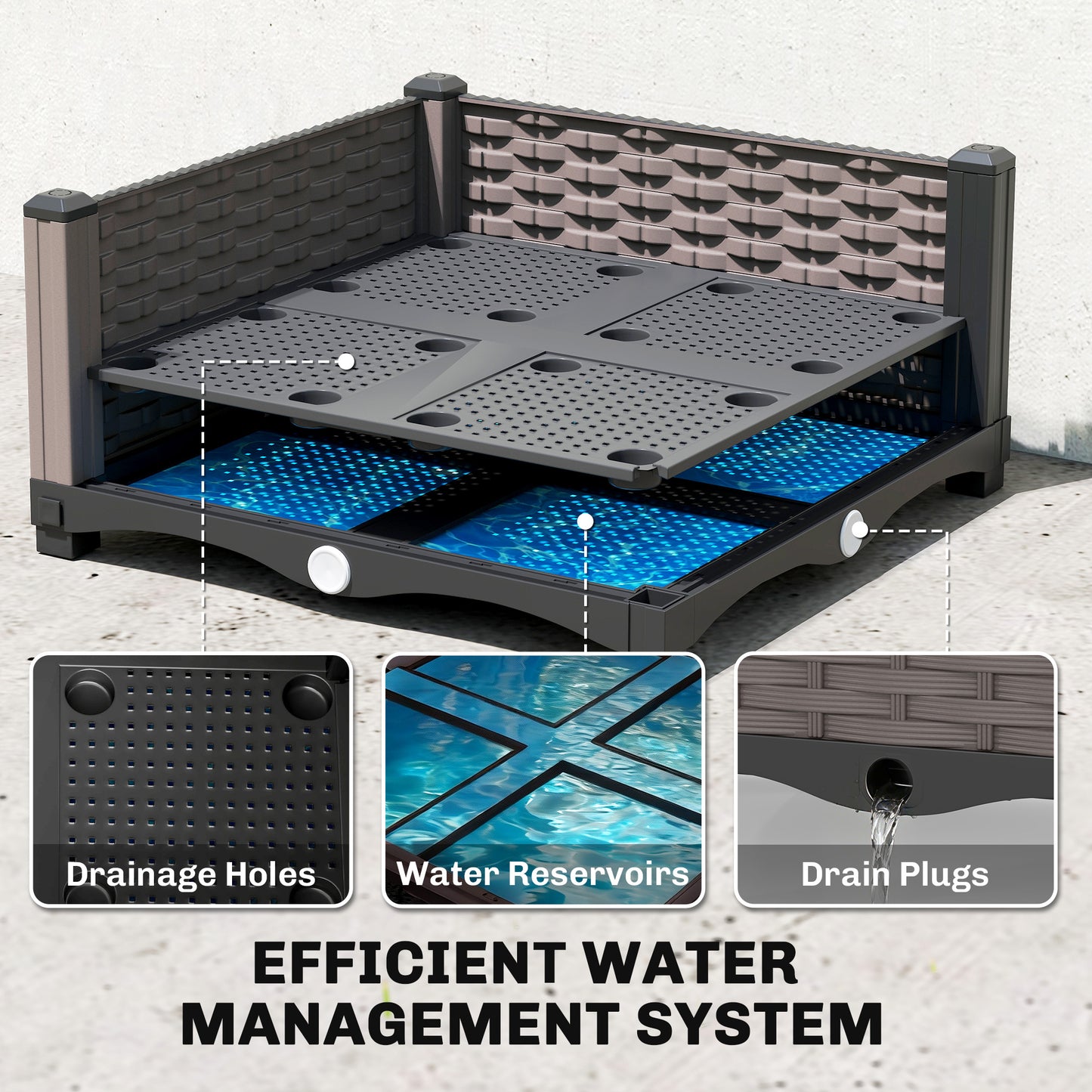 Raised Garden Bed with Trellis | PE-Coated Steel | Drainage Holes & Drain Plugs | Water Reservoir | 35x35x19cm Planting Area | 12kg Capacity | Patio Balcony & Yard | Black