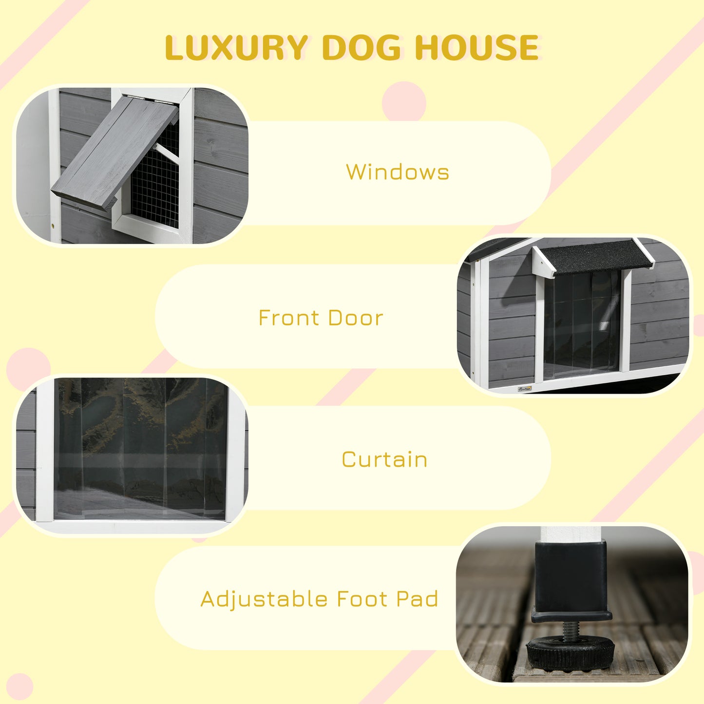 Wooden Dog Kennel | Asphalt Roof | Openable Top | Door Curtain | 2 Windows | Raised Base | Removable Tray | Small Dogs up to 15kg | 97 x 72 x 65cm | Grey