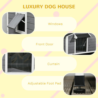 Wooden Dog Kennel | Asphalt Roof | Openable Top | Door Curtain | 2 Windows | Raised Base | Removable Tray | Small Dogs up to 15kg | 97 x 72 x 65cm | Grey