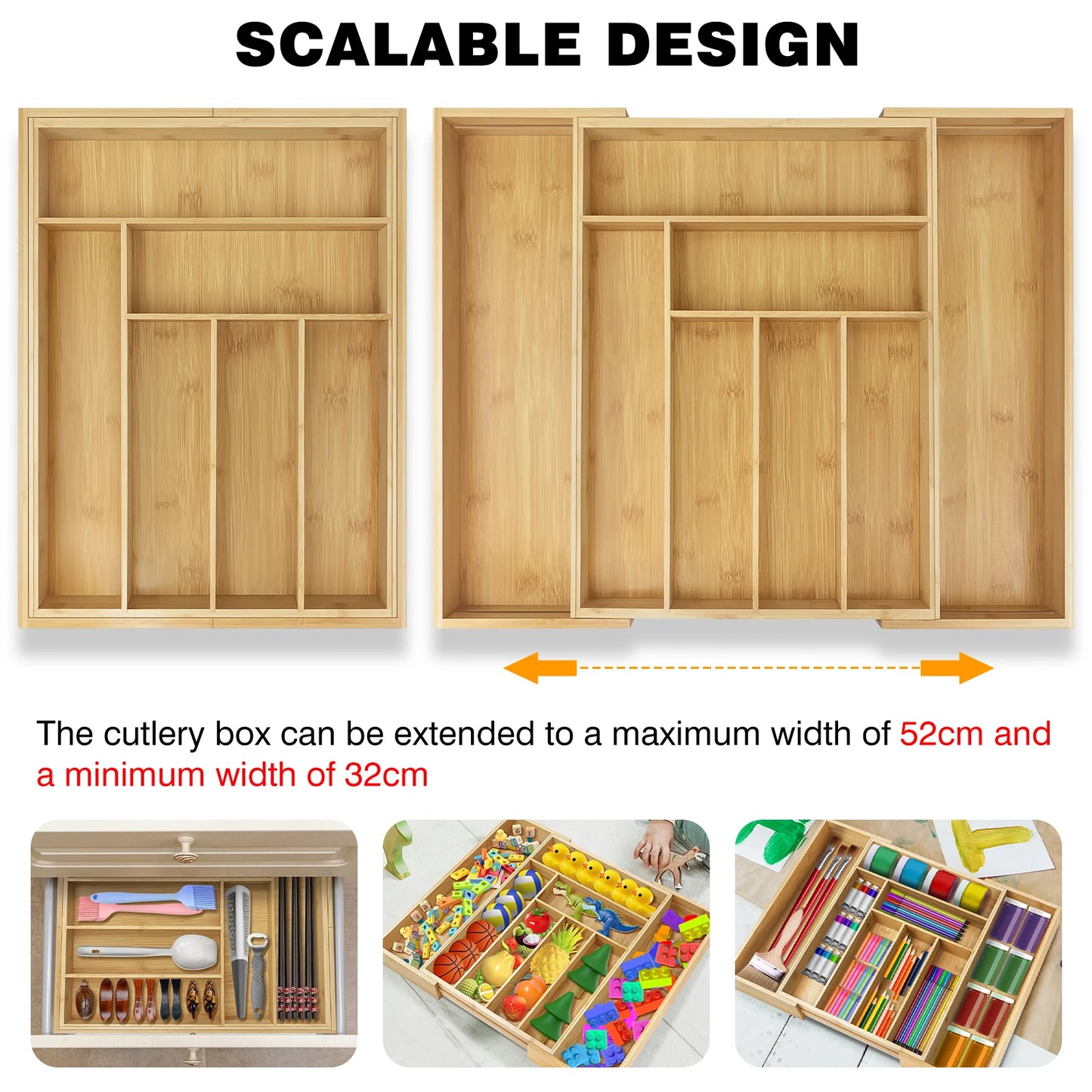 Extendable Bamboo Cutlery Tray Kitchen Drawer Storage Organiser 6-8 Storage Compartments