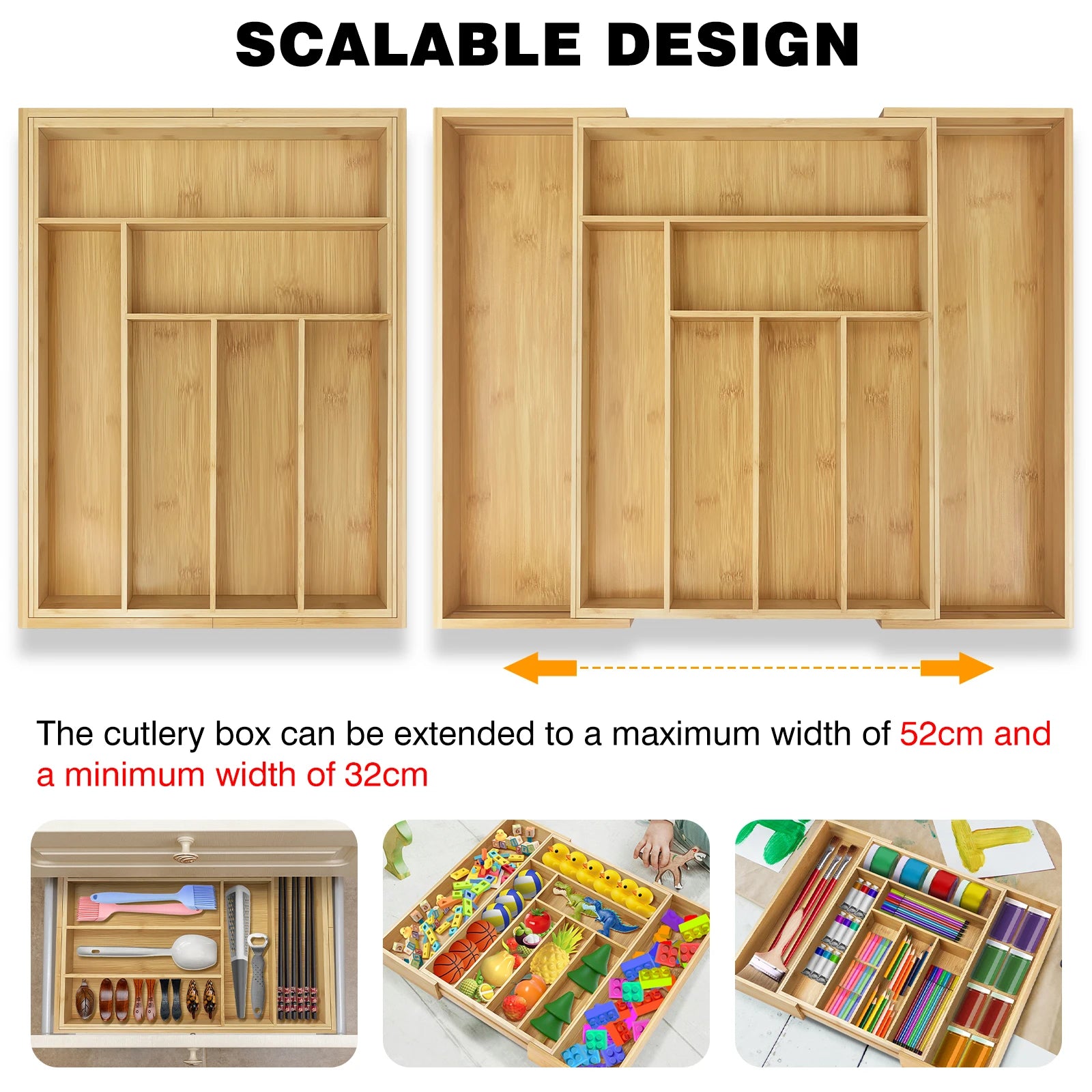 Extendable Bamboo Cutlery Tray Kitchen Drawer Storage Organiser 6-8 Storage Compartments