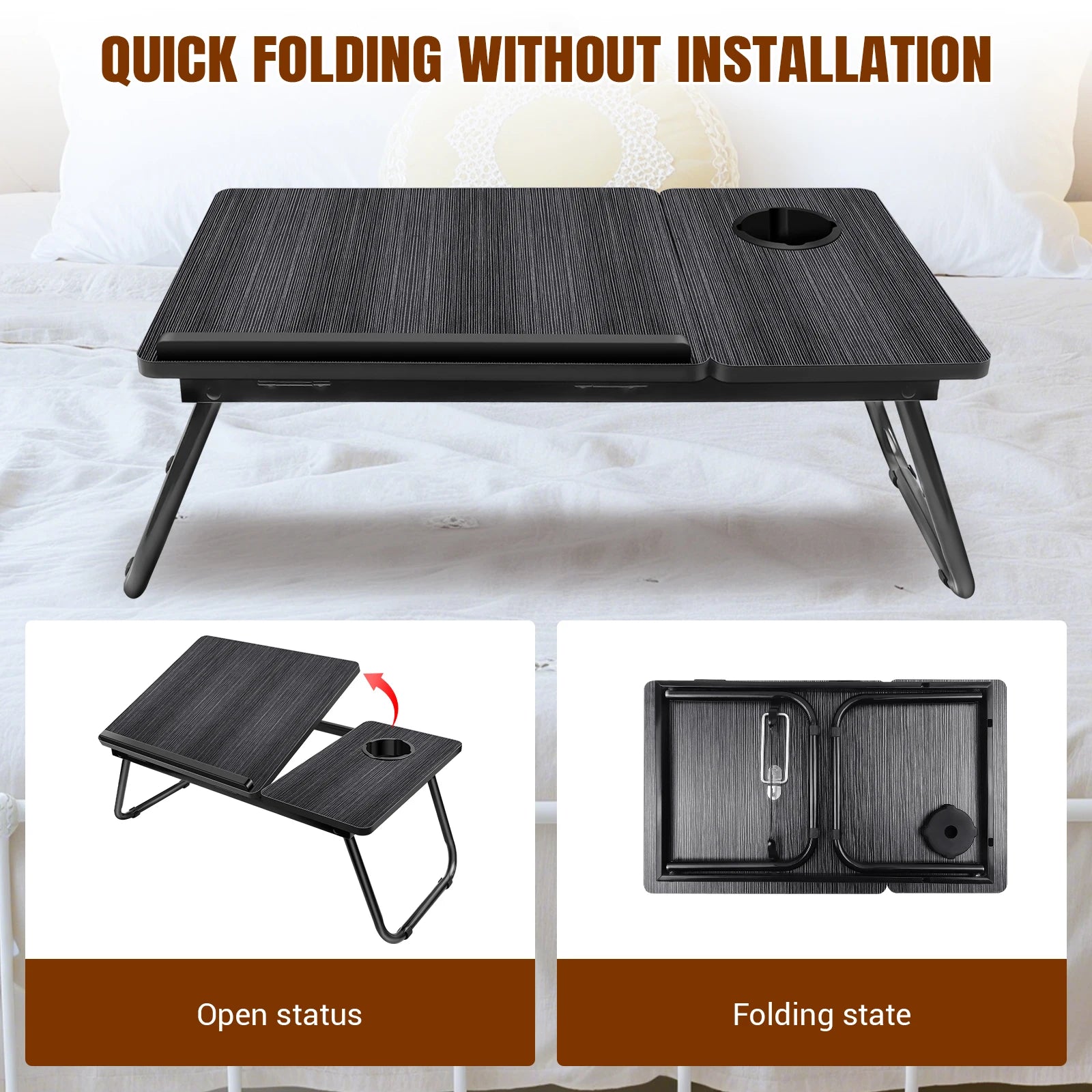 Foldable Laptop Bed Table Desk Notebook Stand With Cup Slot Reading Holder With Adjustable Height Angle Laptop Bed Tray, Black