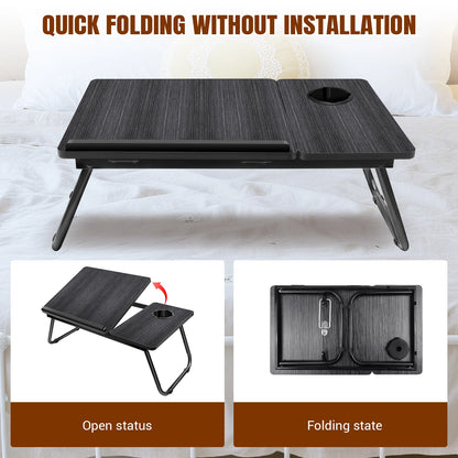 Foldable Laptop Bed Table Desk Notebook Stand With Cup Slot Reading Holder With Adjustable Height Angle Laptop Bed Tray, Black