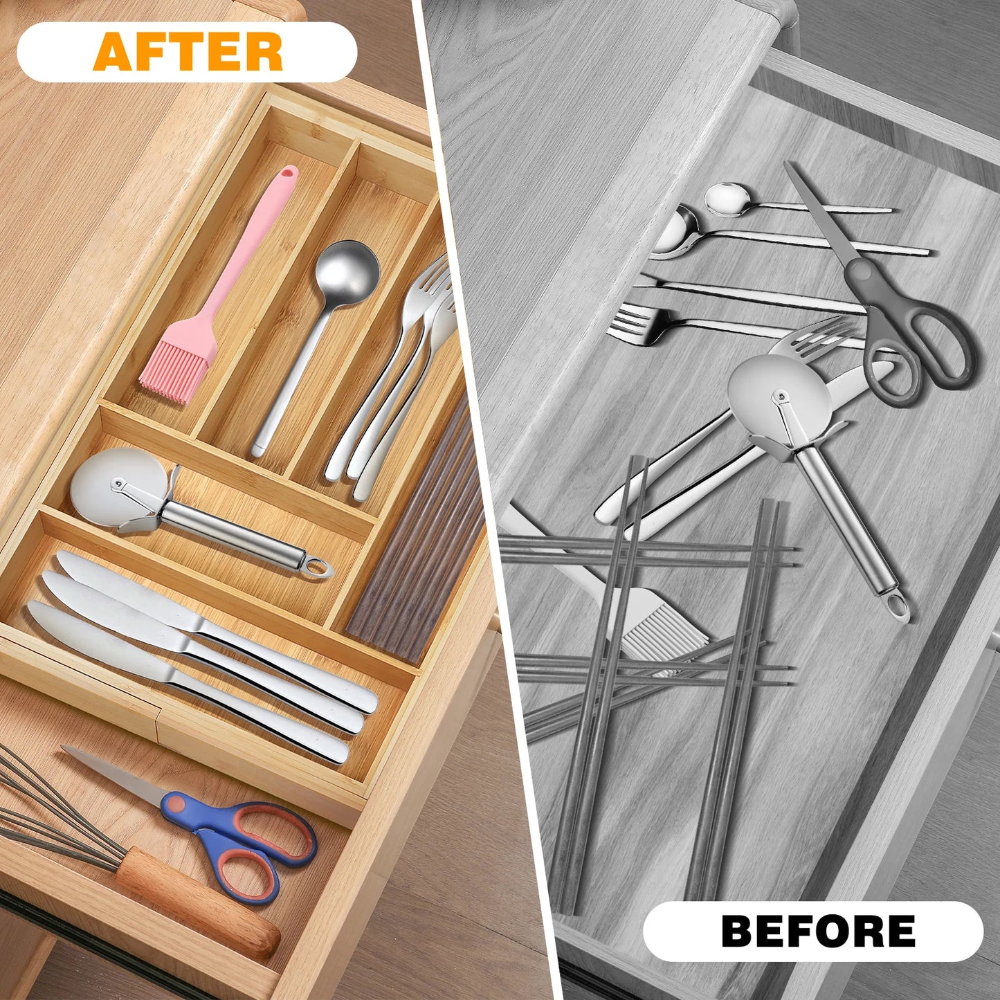 Extendable Bamboo Cutlery Tray Kitchen Drawer Storage Organiser 6-8 Storage Compartments