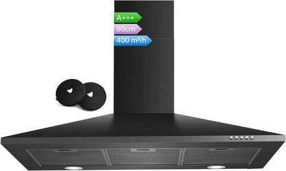 SNDOAS 90Cm Chimney Hood, 400M³/H, A+++ Energy, 3 Speed, Dual Mode (Recirculating/Ducting), Brushed Stainless Steel