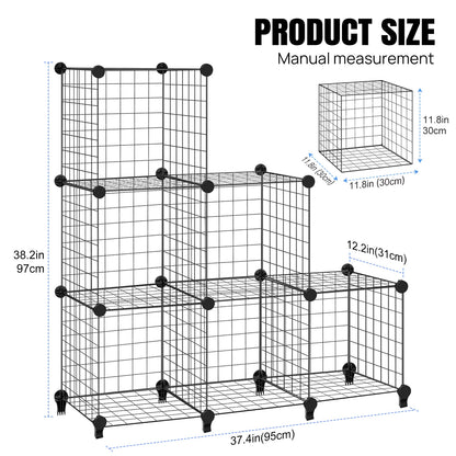 6 Cube Wire Cube Shelving Rack Bookshelf Storage Organiser Metal Grids Bookcase DIY Interlocking Shelf Unit System, Black