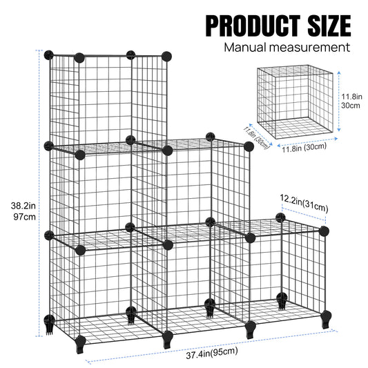 6 Cube Wire Cube Shelving Rack Bookshelf Storage Organiser Metal Grids Bookcase DIY Interlocking Shelf Unit System, Black