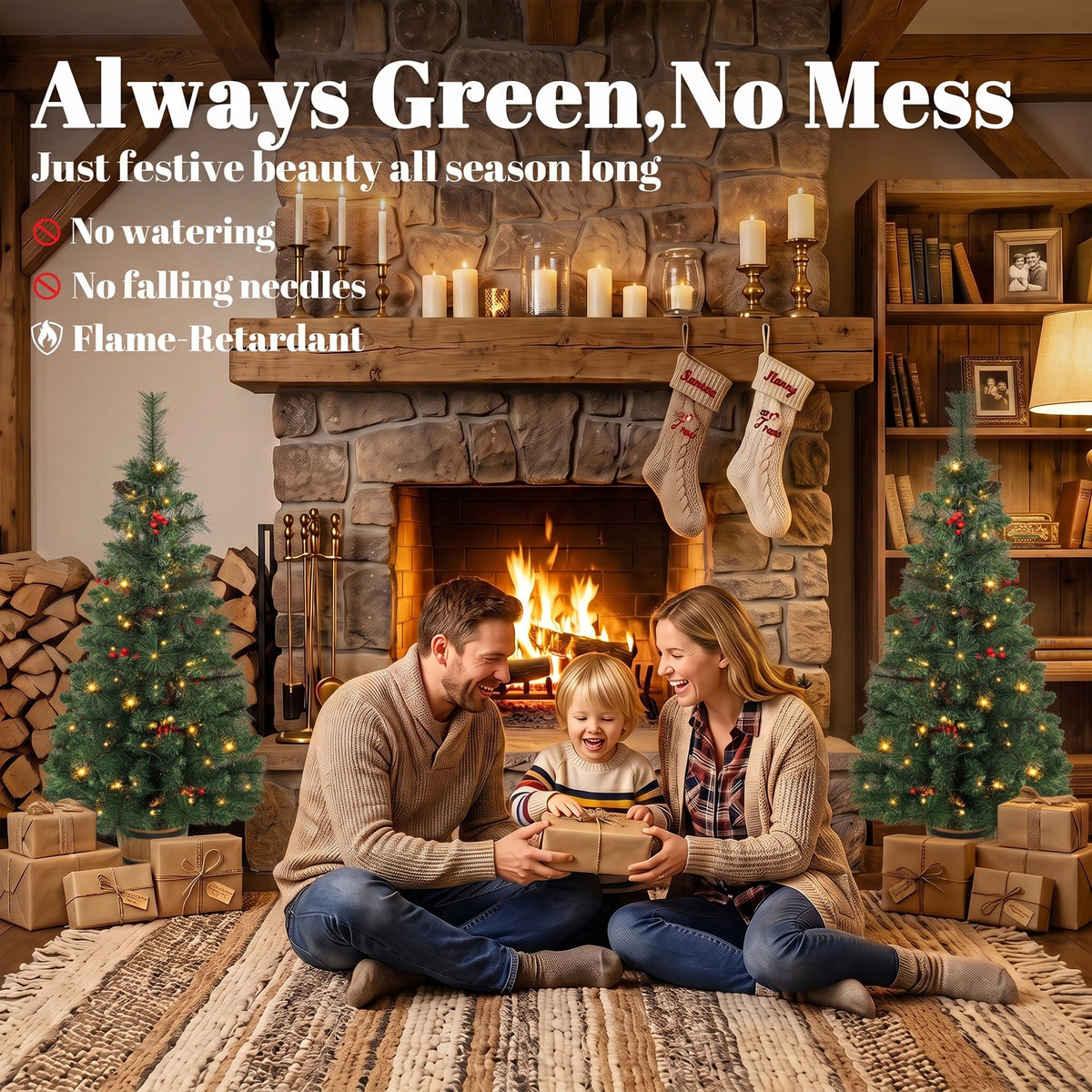 Set of 2 Pre-Lit Christmas Trees | Green PVC Steel | 120cm 4ft | 100 LEDs Warm White Multicolour | 11 Modes Remote | Pine Cones Berries | Battery Operated | Barrel Pot Base | Flame Retardant