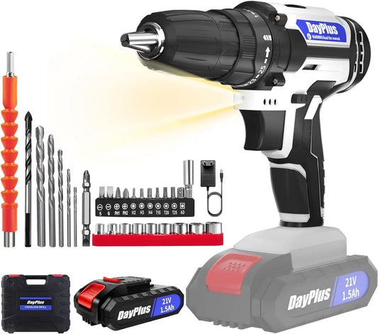 Dayplus Cordless Drill And Screwdriver Set 21V Electric Combi Drill With 2 X 1500mAh Battery