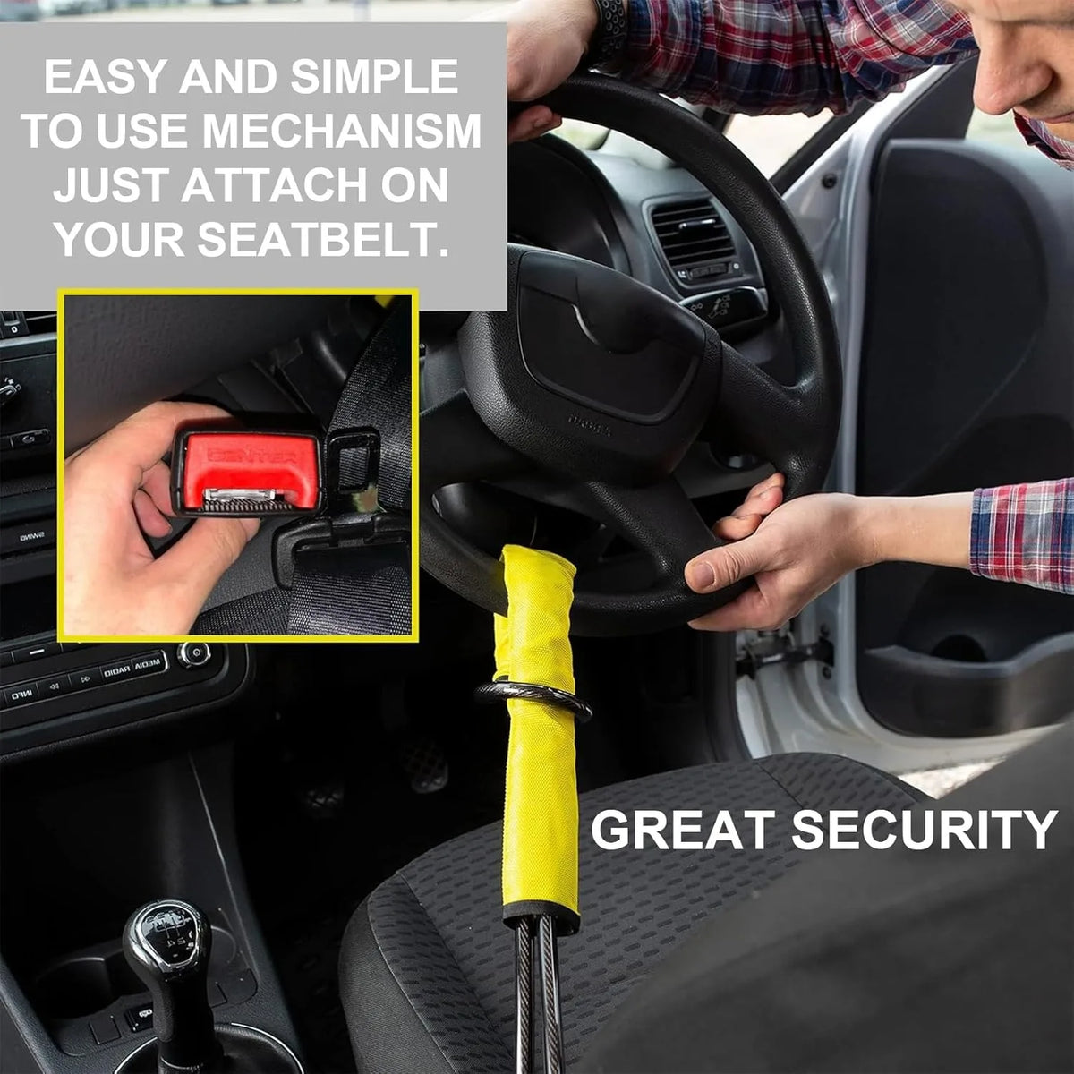 Car Steering Wheel Lock Seat Belt Locks Heavy Duty Universal Anti-Theft Device with 3Keys High Visibility Lock for Vehicle SUV