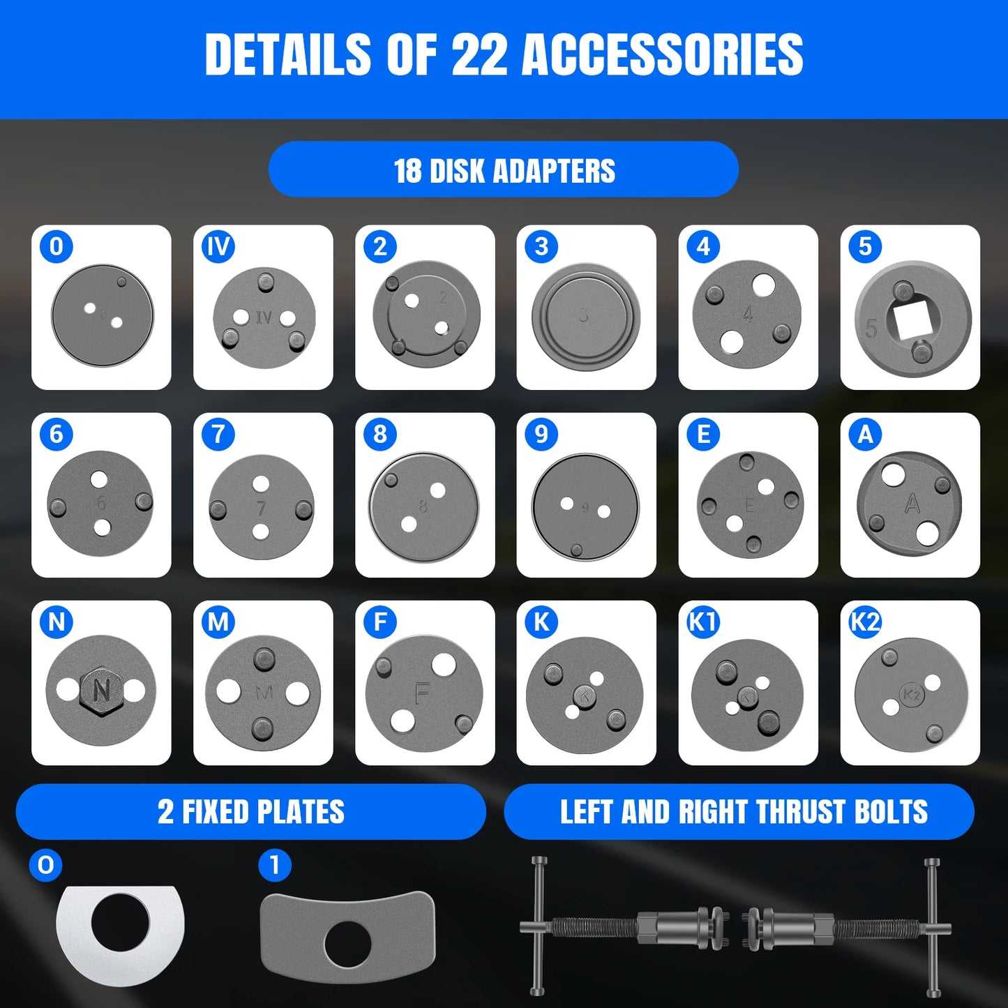 22 Piece Brake Caliper Rewind Tool Kit To Wind Back Front And Rear Disc Brake Piston Compression Pad Replacement Master Set