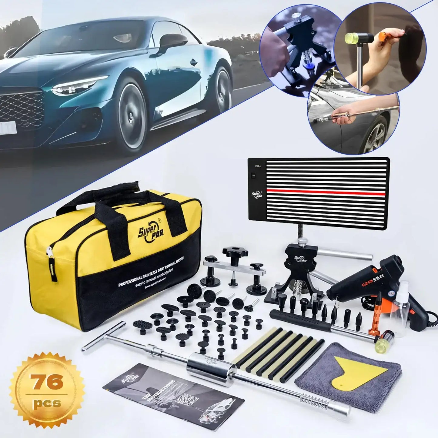 Super PDR Tool Kit, Professional Dent Puller Repair Kit,Complete Auto Body Hail With Glue Gun PDR Light