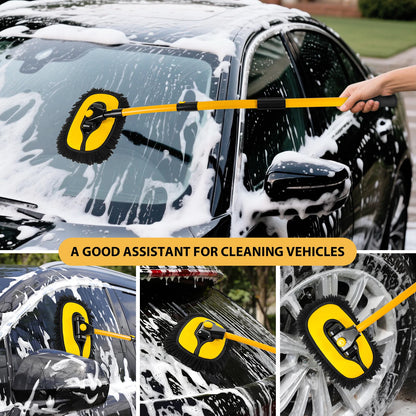 Car Wash Brush With Long Handle, 15° Curved Extendable Car Cleaning Brush with Replaceable Microfibre Mop Head,Washing Brush 55 Inch