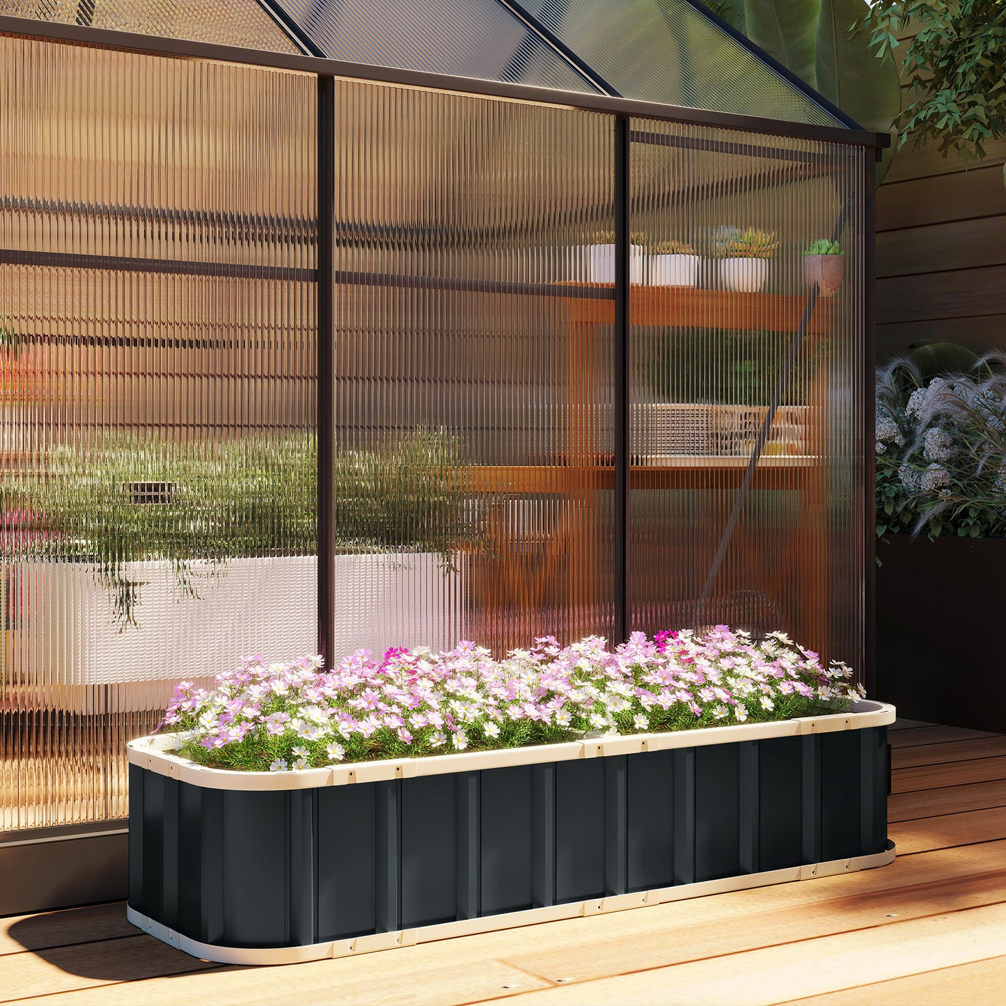Galvanised Steel Raised Garden Bed | Folded Safety Edges | Snap-On Tool-Free Assembly | Powder-Coated Rust-Resistant | Open Bottom | 165x52x31cm | Herbs Flowers & Veg | Dark Grey