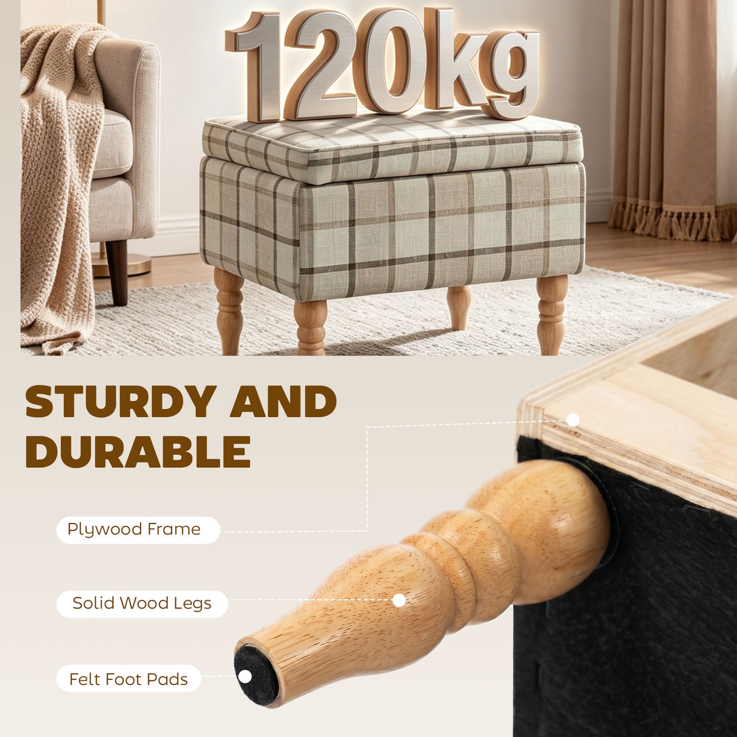 Storage Ottoman Footstool | Flip-Lid Tray Table | 24L Hidden Storage | Plaid Linen-Look Fabric | Rubberwood Legs | 120kg Capacity | 50 x 38 x 39cm | Brown