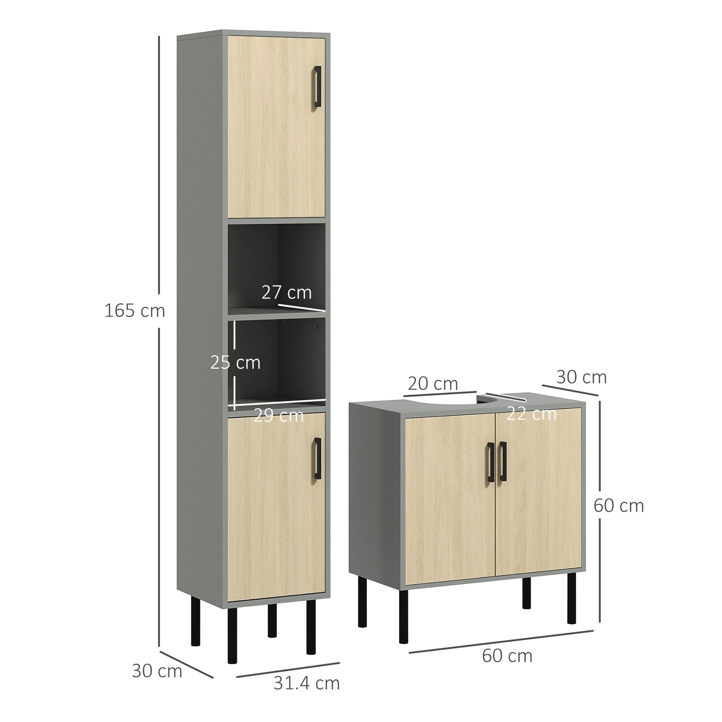 Kleankin Bathroom Furniture Set with Doors, Tall Bathroom Cabinet with Adjustable Shelves, Under Sink Cabinet, Grey