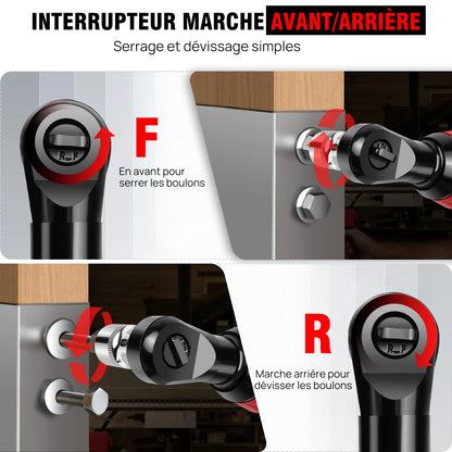 200NM 3/8" Cordless Electric Ratchet Wrench,90° Angle Wrench 12V Power Ratchet Tool with 2 Batteries & Charger+7 Sockets