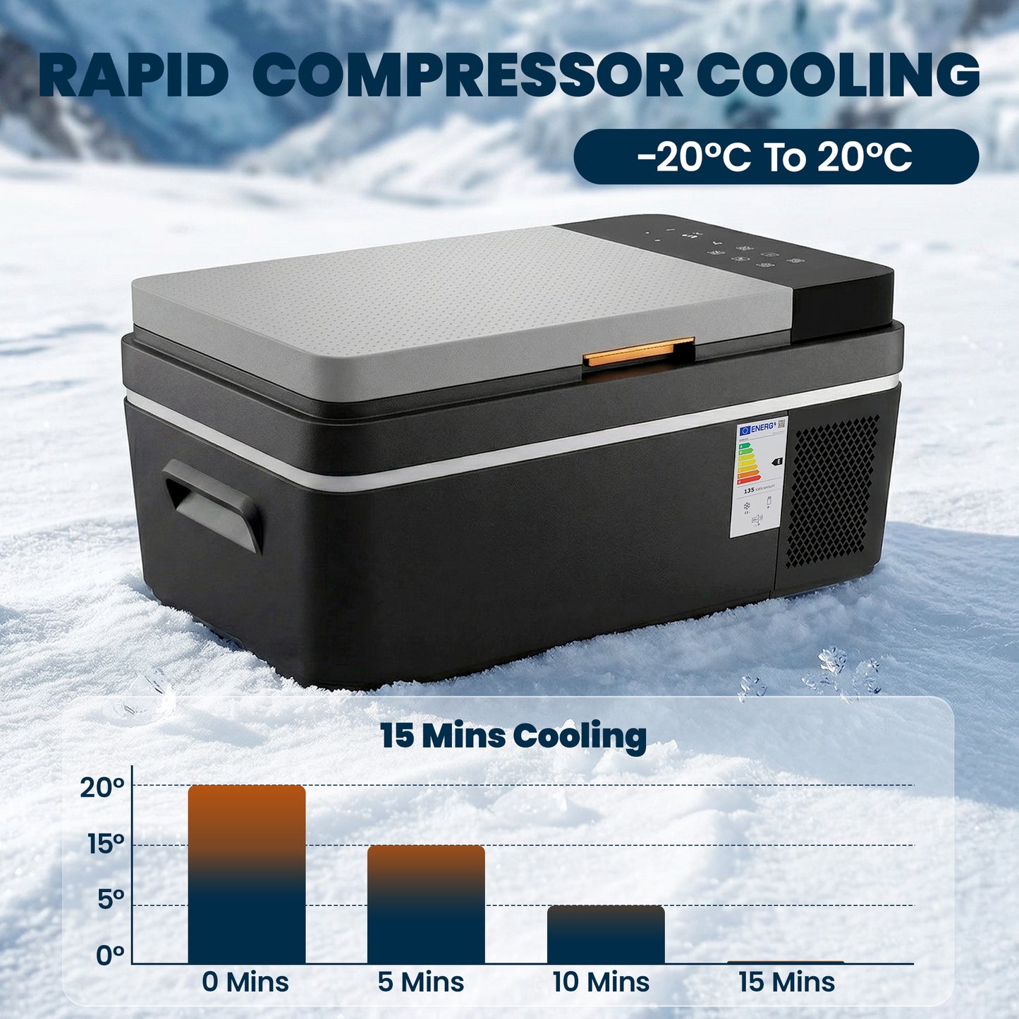 20L Compressor Car Fridge Freezer | Cools to 0°C in 15 Mins | -20°C to +20°C | Bluetooth App Control | LED Interior | MAX & ECO Modes | 12/24V DC & 100-240V AC | Black