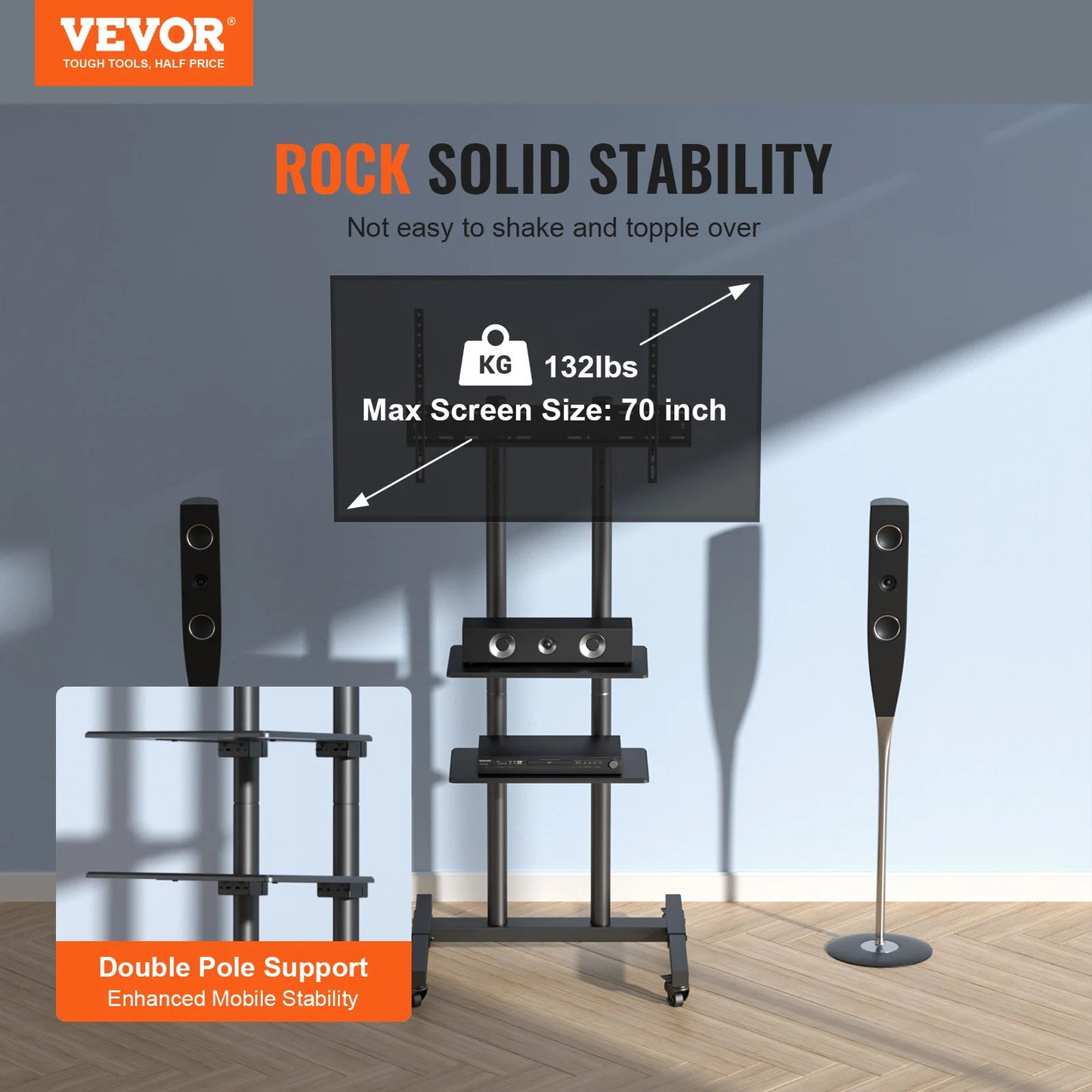 Mobile TV Stand Height Adjustable With Wheels Double Tray For Audio Visual Devices Rolling TV Station