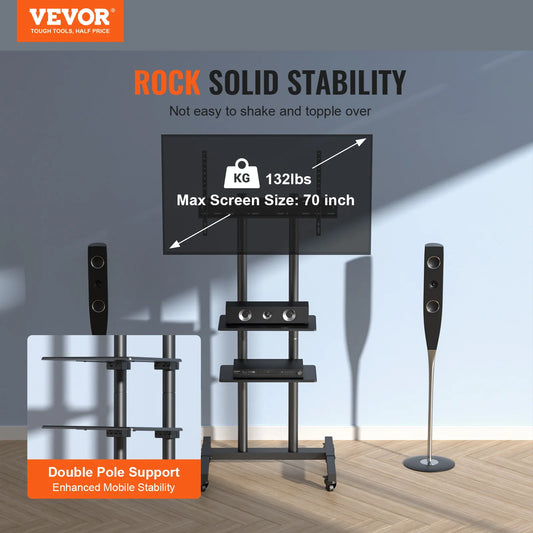 Mobile TV Stand Height Adjustable With Wheels Double Tray For Audio Visual Devices Rolling TV Station