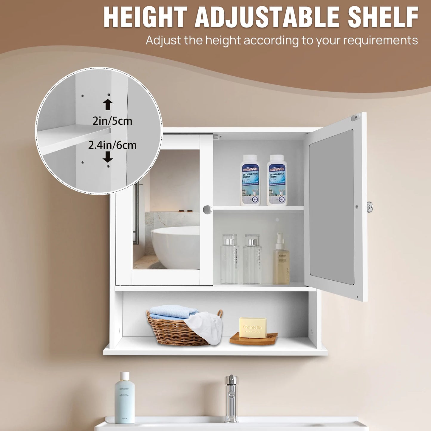 EFAN 3 Tier Mirror Cabinet Wall Mounted Cabinet Storage with Mirror and Double Door, Bathroom Storage Shelf Organizer Unit