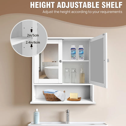 EFAN 3 Tier Mirror Cabinet Wall Mounted Cabinet Storage with Mirror and Double Door, Bathroom Storage Shelf Organizer Unit