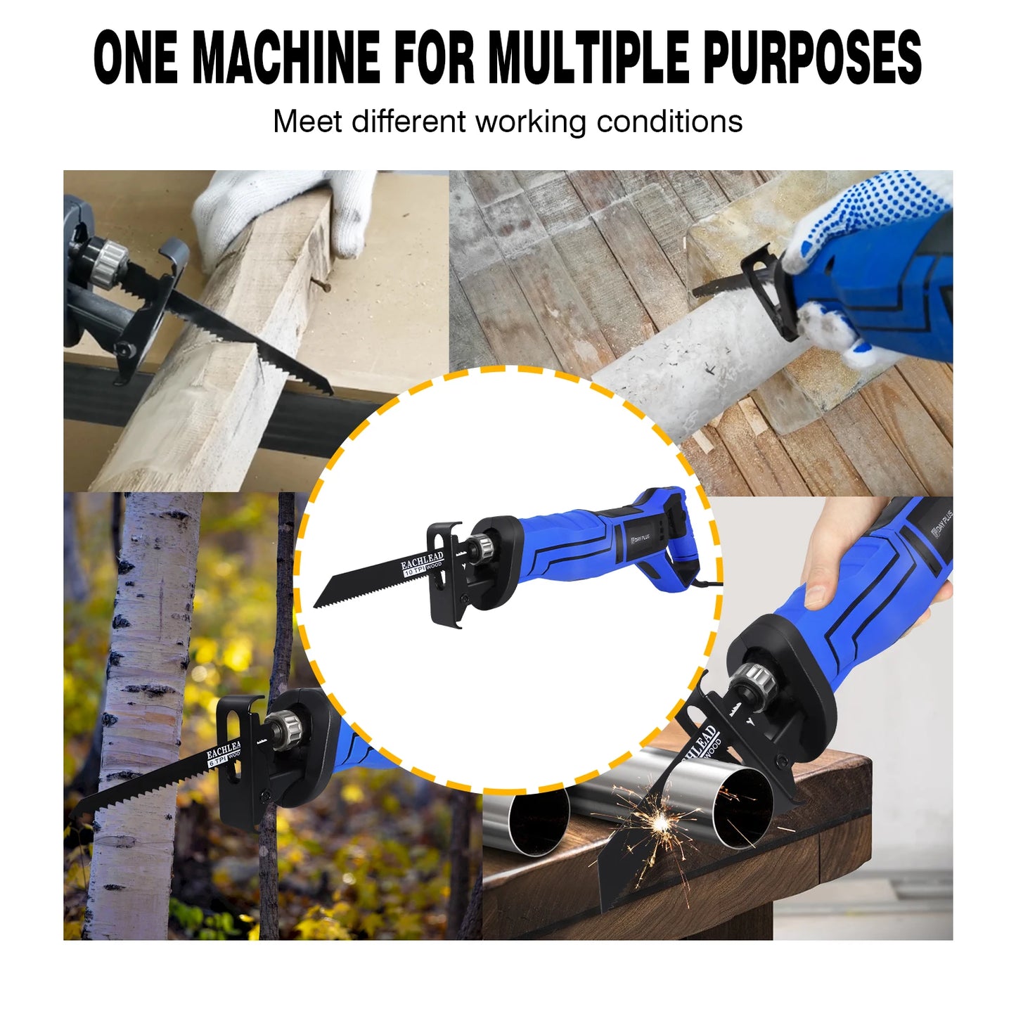 900W Reciprocating Saw with 5PCS Saw Blades for Wood PVC Metal Cutting, Variable Speed,28Mm Stroke Length Electric Saw