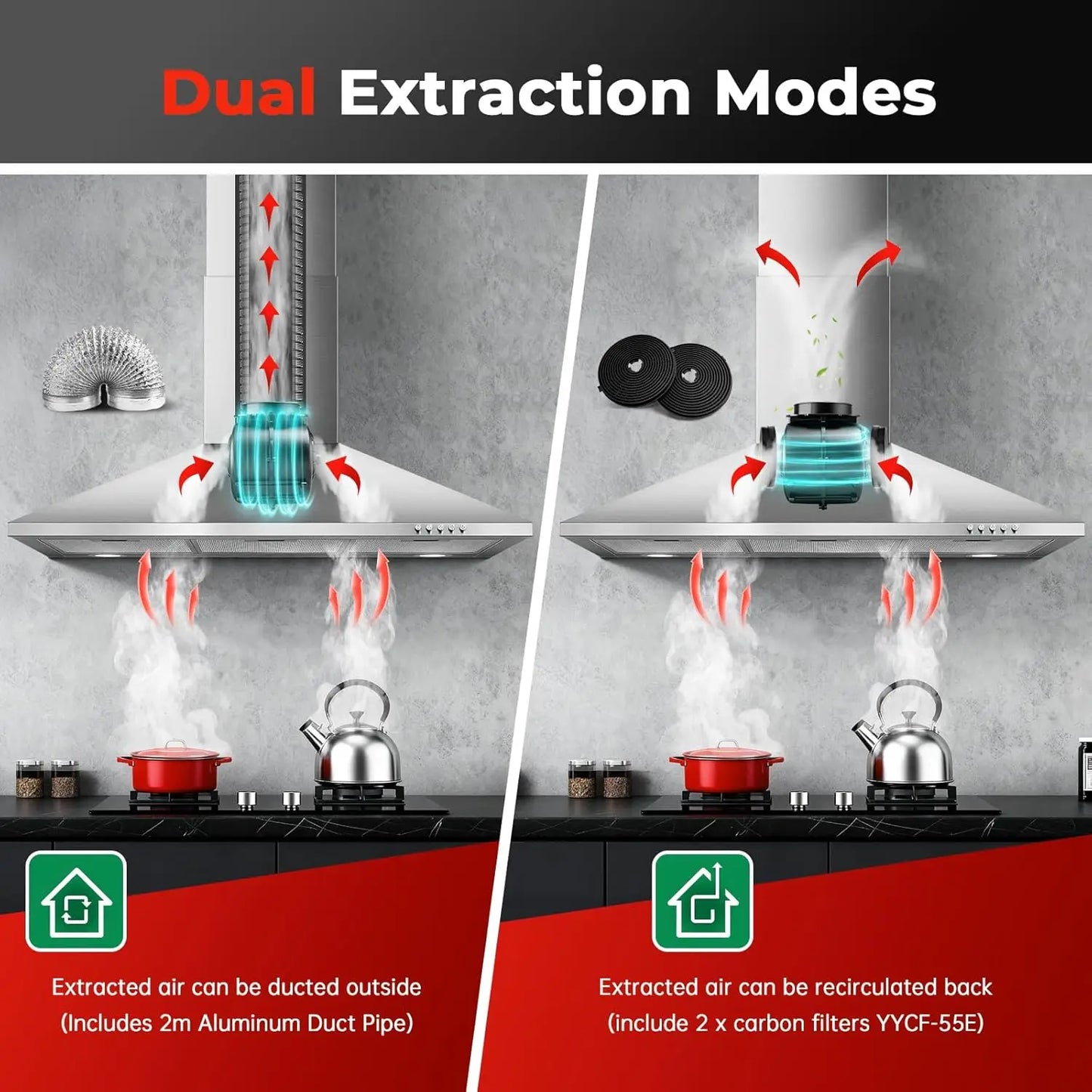 SNDOAS 90Cm Chimney Hood, 400M³/H, A+++ Energy, 3 Speed, Dual Mode (Recirculating/Ducting), Brushed Stainless Steel