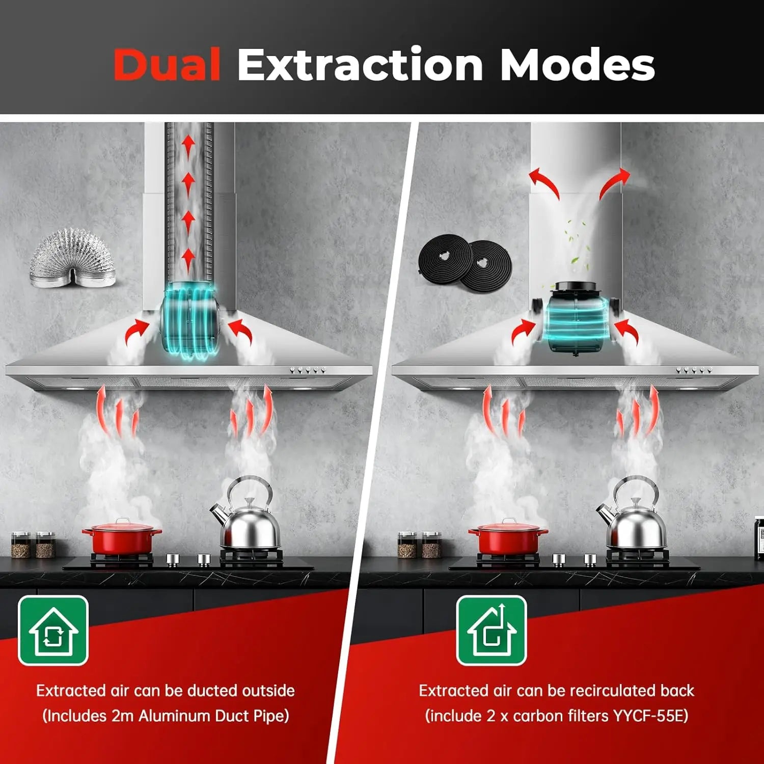 SNDOAS 90Cm Chimney Hood, 400M³/H, A+++ Energy, 3 Speed, Dual Mode (Recirculating/Ducting), Brushed Stainless Steel