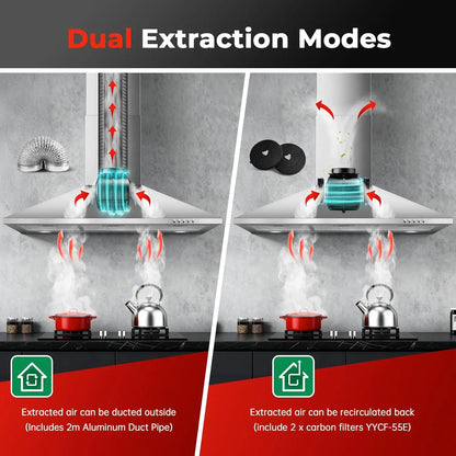 SNDOAS 90Cm Chimney Hood, 400M³/H, A+++ Energy, 3 Speed, Dual Mode (Recirculating/Ducting), Brushed Stainless Steel