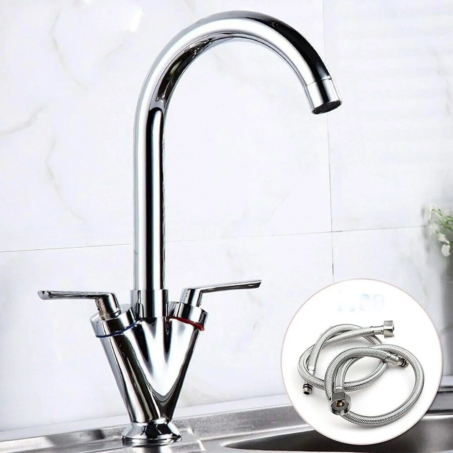 Kitchen Mixer Tap Traditional 360° Swivel Spout Monobloc Basin Taps Faucet Twin Lever Hot & Cold Water Control With Hoses