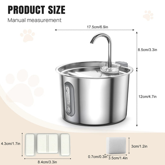 Stainless Steel Cat Water Drinking Fountain 2.2L, Quiet Dog And Cat Drink Station With Water Level Window