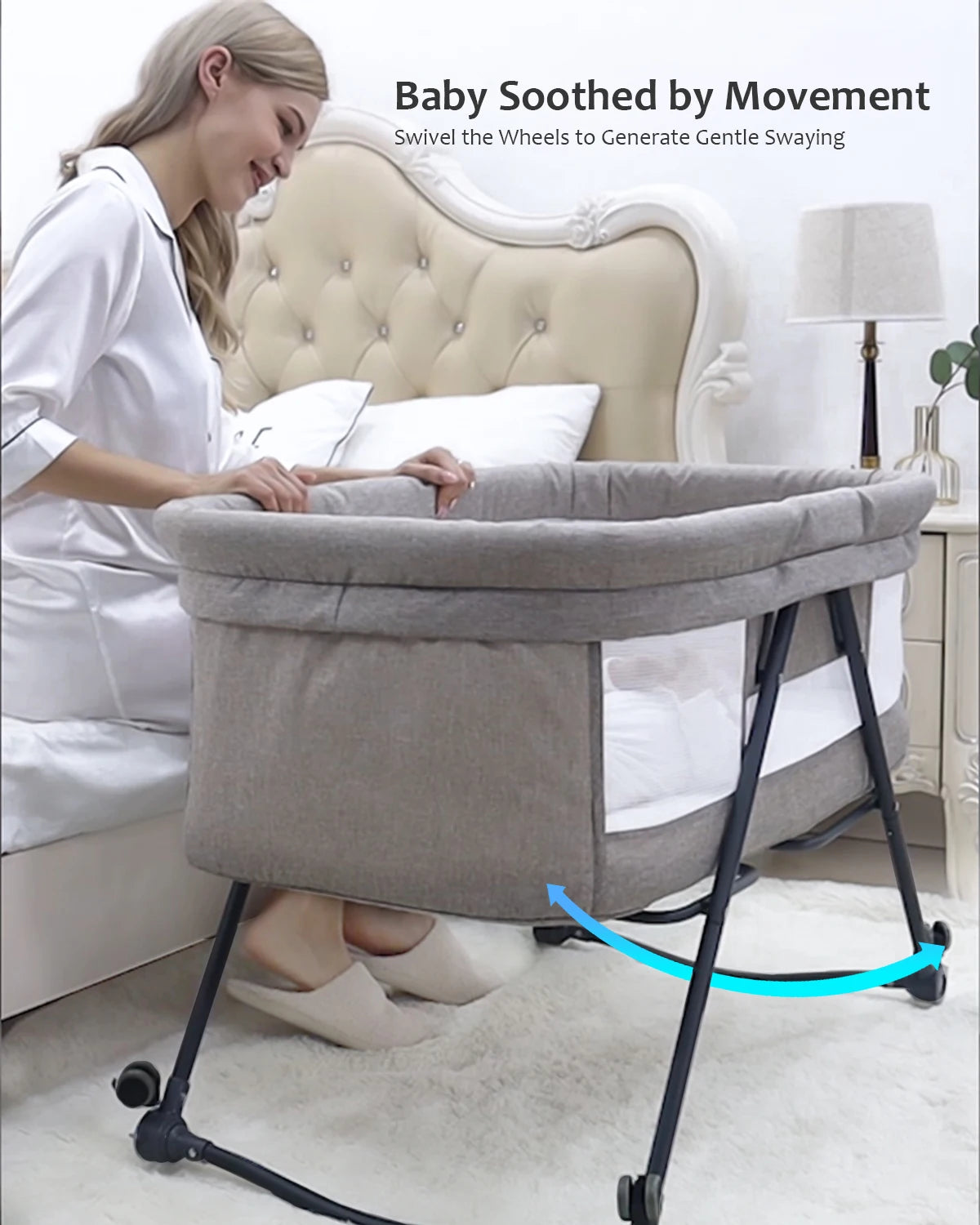 UBRAVOO Baby Grab-And-Go Travel Cot With Mattress & Silent Wheels, Rocking Crib Convertible