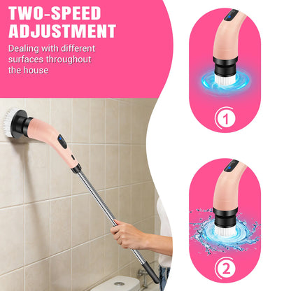 Electric Spin Scrubber, Cordless Cleaning Brush with 9 Replaceable Brush Heads, Dual Speed Power Scrubber with Adjustable Handle