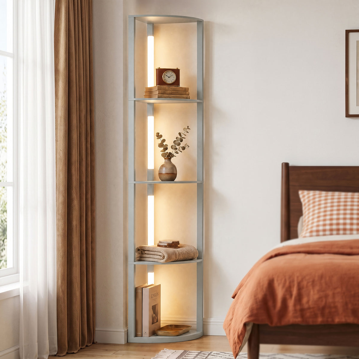 Corner Floor Lamp with 4-Tier Shelving | Grey MDF Plastic | 41x29.5x163.5cm | 3000K Warm White LED | 1530lm | 3-Level Brightness | Foot Switch | 25000hrs | 8kg