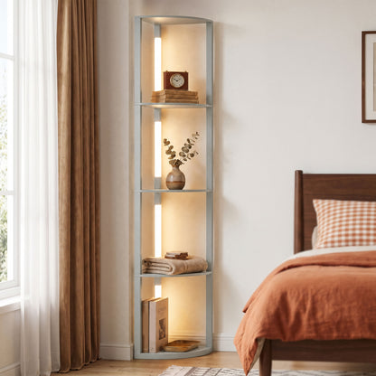 Corner Floor Lamp with 4-Tier Shelving | Grey MDF Plastic | 41x29.5x163.5cm | 3000K Warm White LED | 1530lm | 3-Level Brightness | Foot Switch | 25000hrs | 8kg