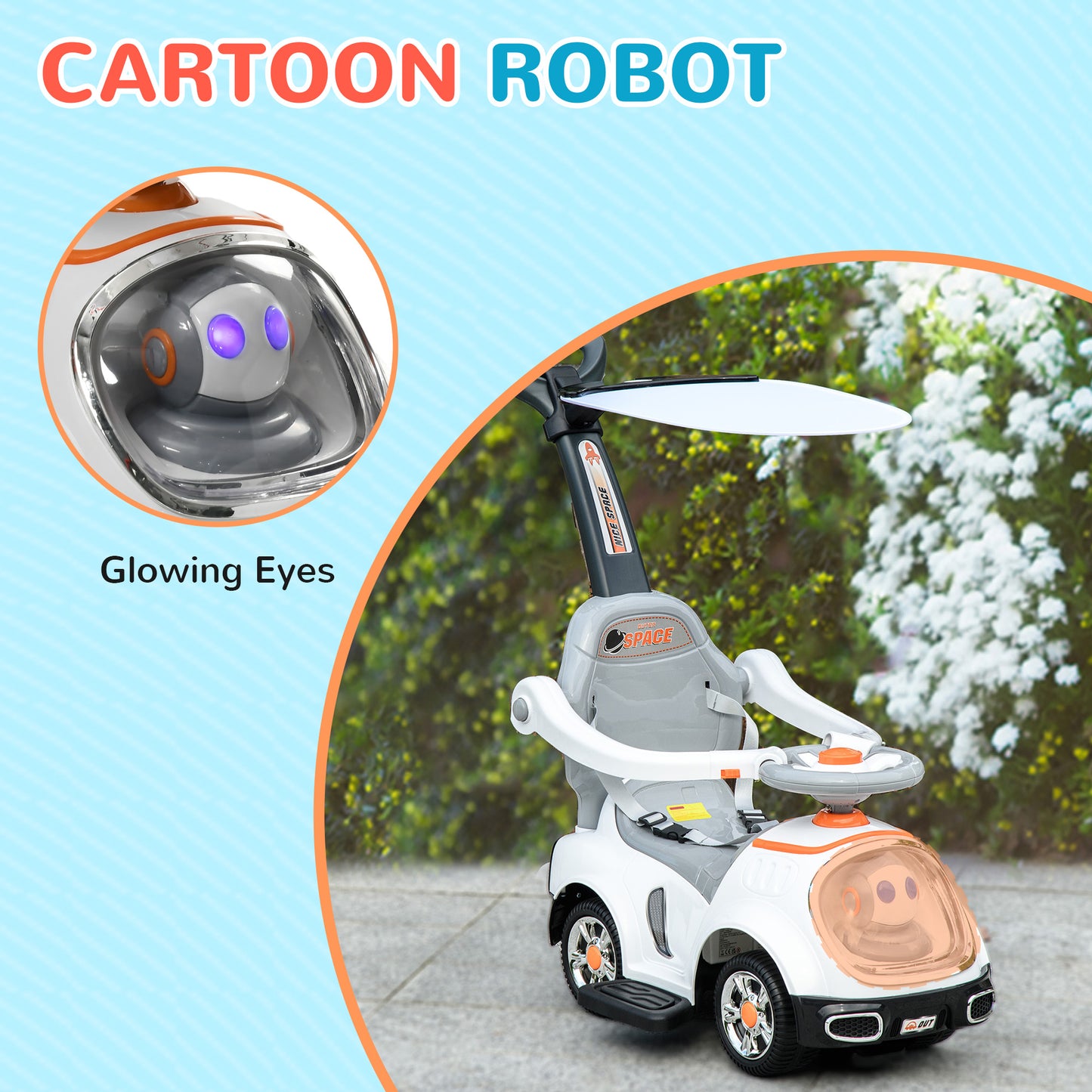 AIYAPLAY 3 in 1 Ride on Push Car, Cartoon Robot Theme Foot to Floor Slider w/ Handle Light Music Horn, Storage - White