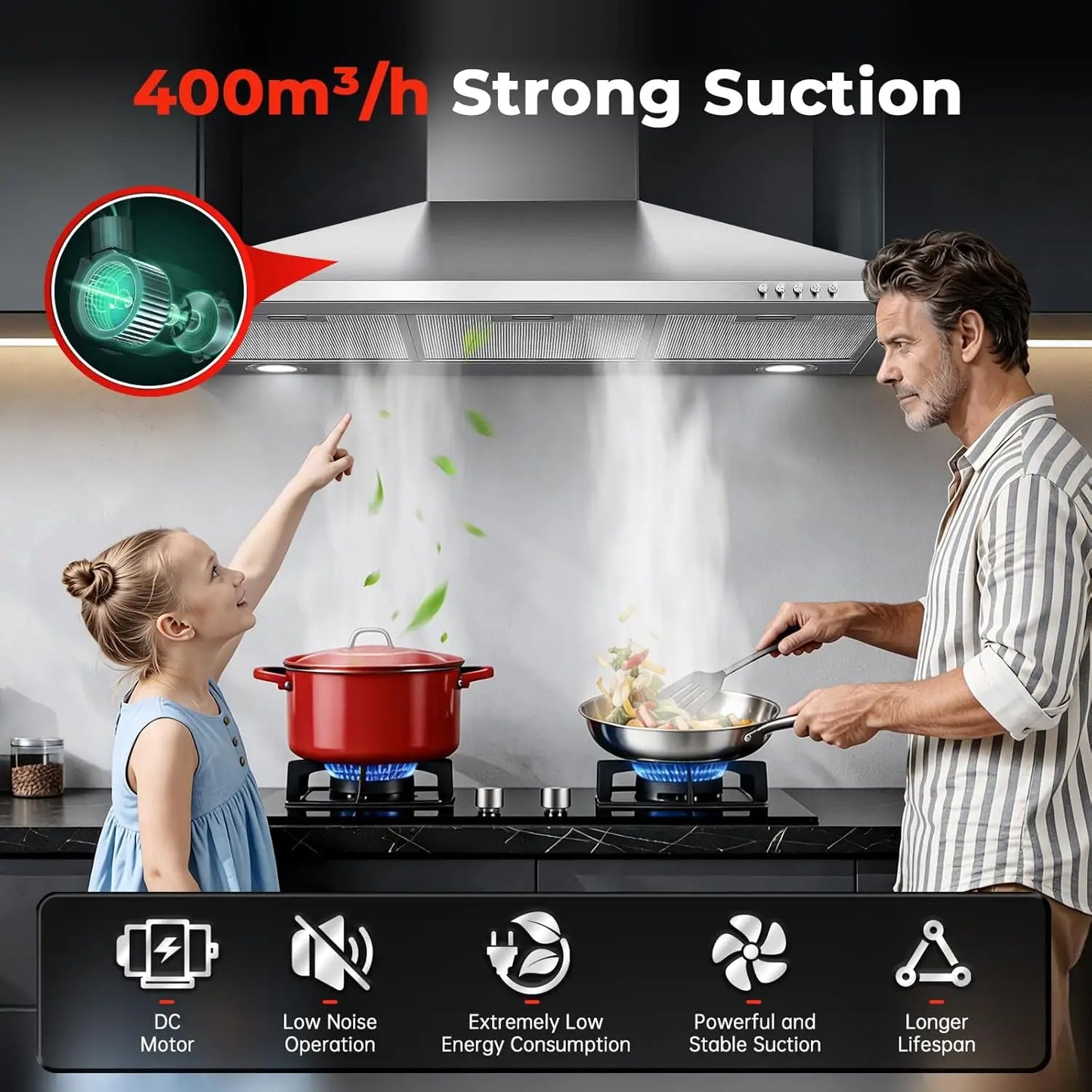 SNDOAS 90Cm Chimney Hood, 400M³/H, A+++ Energy, 3 Speed, Dual Mode (Recirculating/Ducting), Brushed Stainless Steel