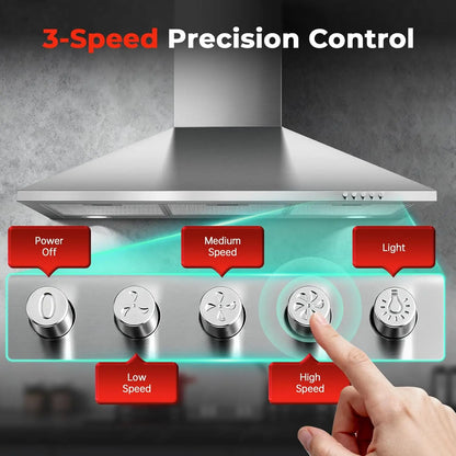 SNDOAS 90Cm Chimney Hood, 400M³/H, A+++ Energy, 3 Speed, Dual Mode (Recirculating/Ducting), Brushed Stainless Steel