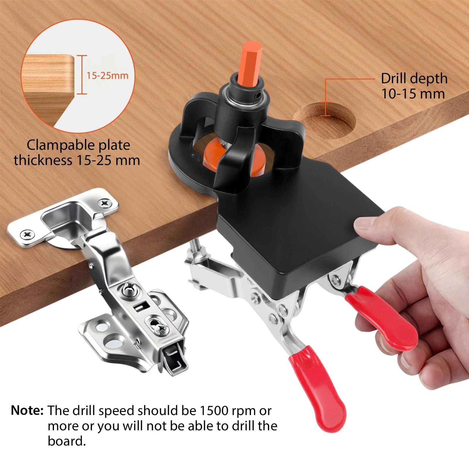 Metal Concealed Hinge Jig, 35MM Cabinet Hinge Jig Drilling Hole Puncher with Quick Clamp， Accurate Hinge Drill Jig Woodworking