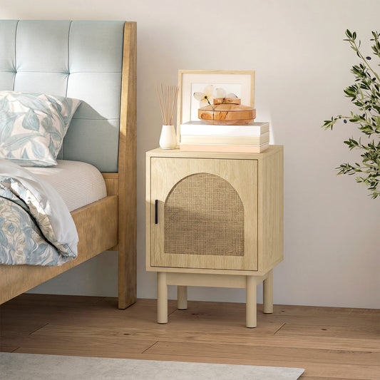 Boho Rattan Bedside Table | Arch Rattan Door | 2-Tier Cabinet | 3-Level Adjustable Shelf | Solid Wood Legs | Non-Slip Pads | 40kg Capacity | 40x35x58cm | Natural Wood