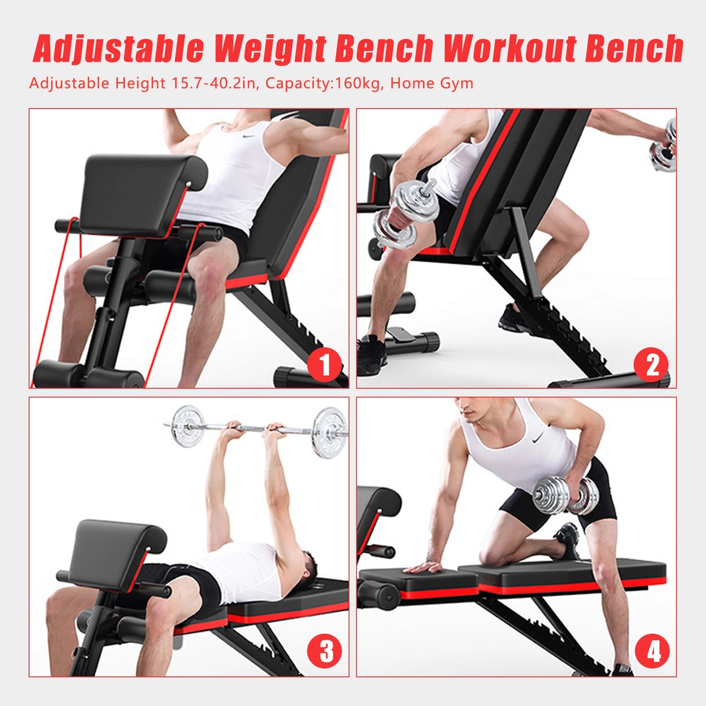 Adjustable Weight Bench 160Kg Weight Capacity Incline Decline Exercise Home Gym for Full Body Strength Training Sit-Up