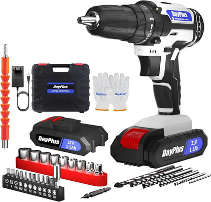 Dayplus Cordless Drill And Screwdriver Set 21V Electric Combi Drill With 2 X 1500mAh Battery